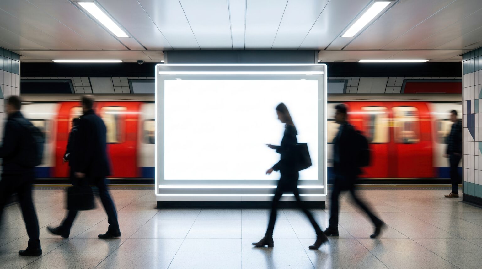 Commuters walking past a blank illuminated advertising screen on an Underground platform