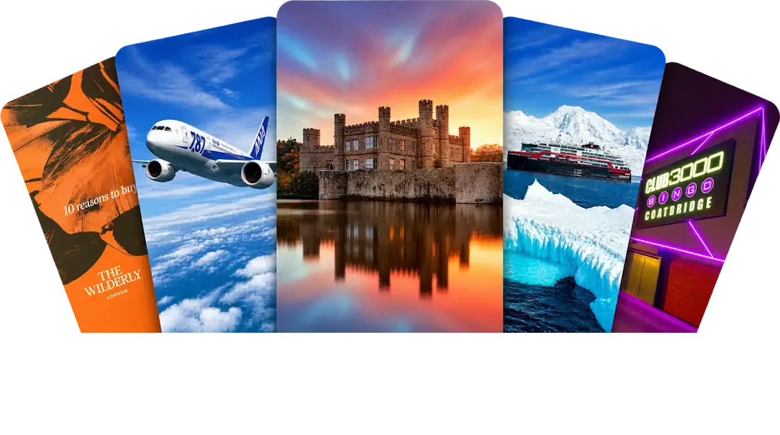 Five fanned cards showing creative work: an orange “The Wilderly London” property brochure cover, an ANA Boeing 787 flying above clouds, a moated castle reflected in water at sunset, an expedition cruise ship among Antarctic ice, and a neon-lit Club 3000 Bingo Coatbridge sign.