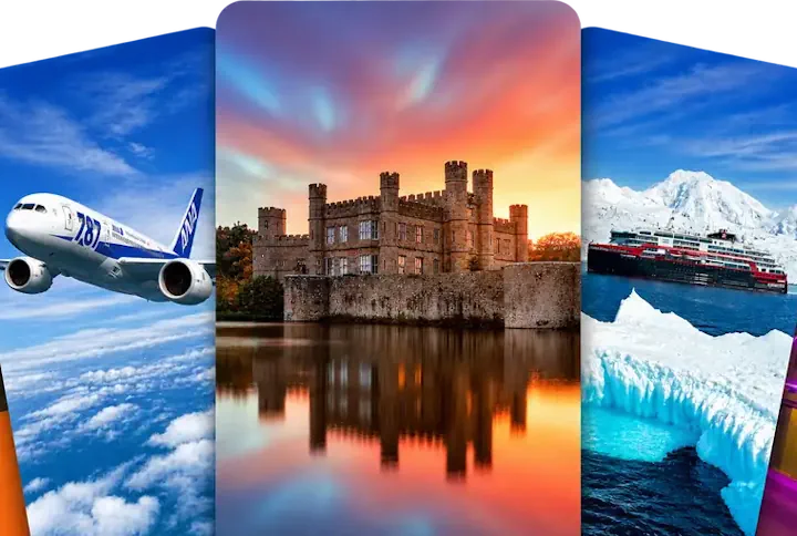 Fanned cards of creative work, centred on a moated castle reflected in water at sunset, with an airliner, an expedition ship and a neon bingo sign either side.