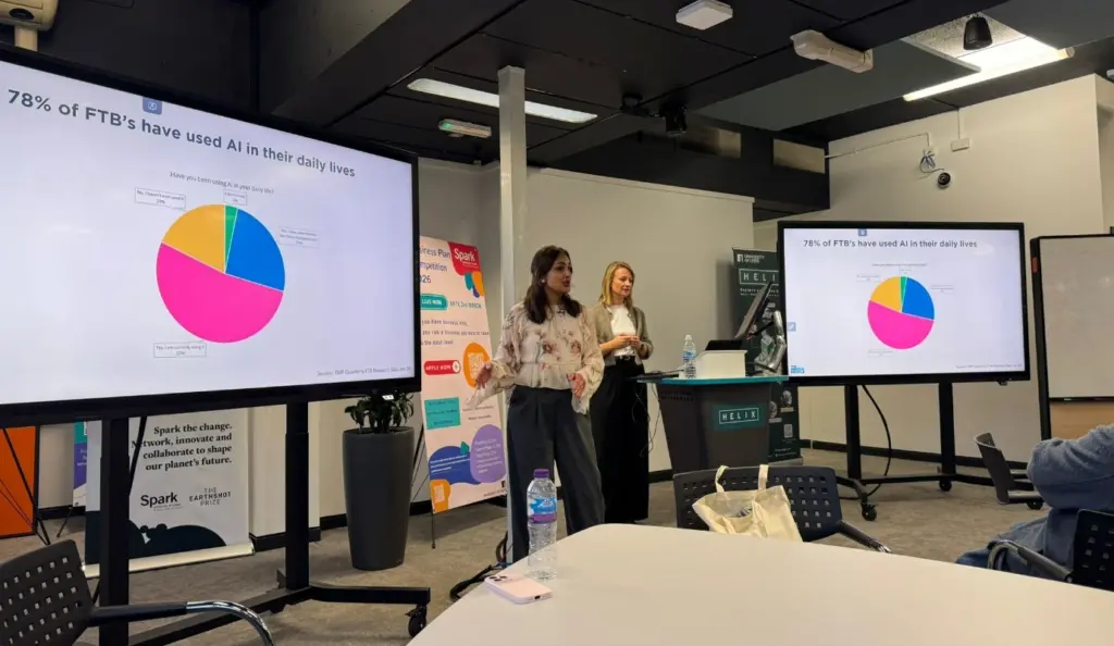 Two speakers presenting The Media People research: '78% of FTB's have used AI in their daily lives'